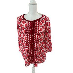 Isaac Mizrahi Live! Womens Red/White Geometric Button Front Cardigan Sweater 1X